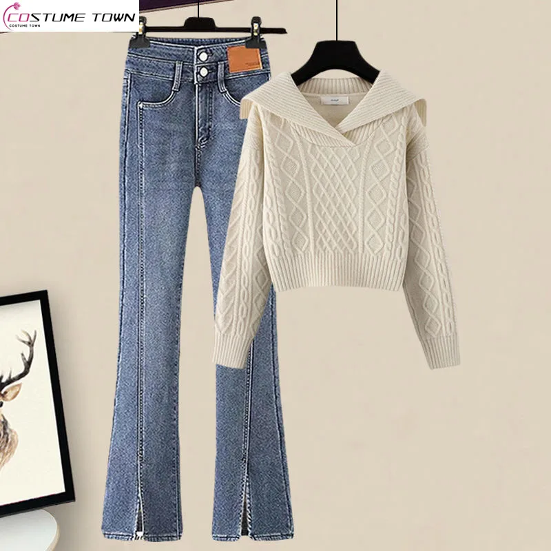 

Autumn and Winter Set 2023 Korean Version New Large Women's Fashion Slim Knitted Sweater Split Jeans Two Piece Set