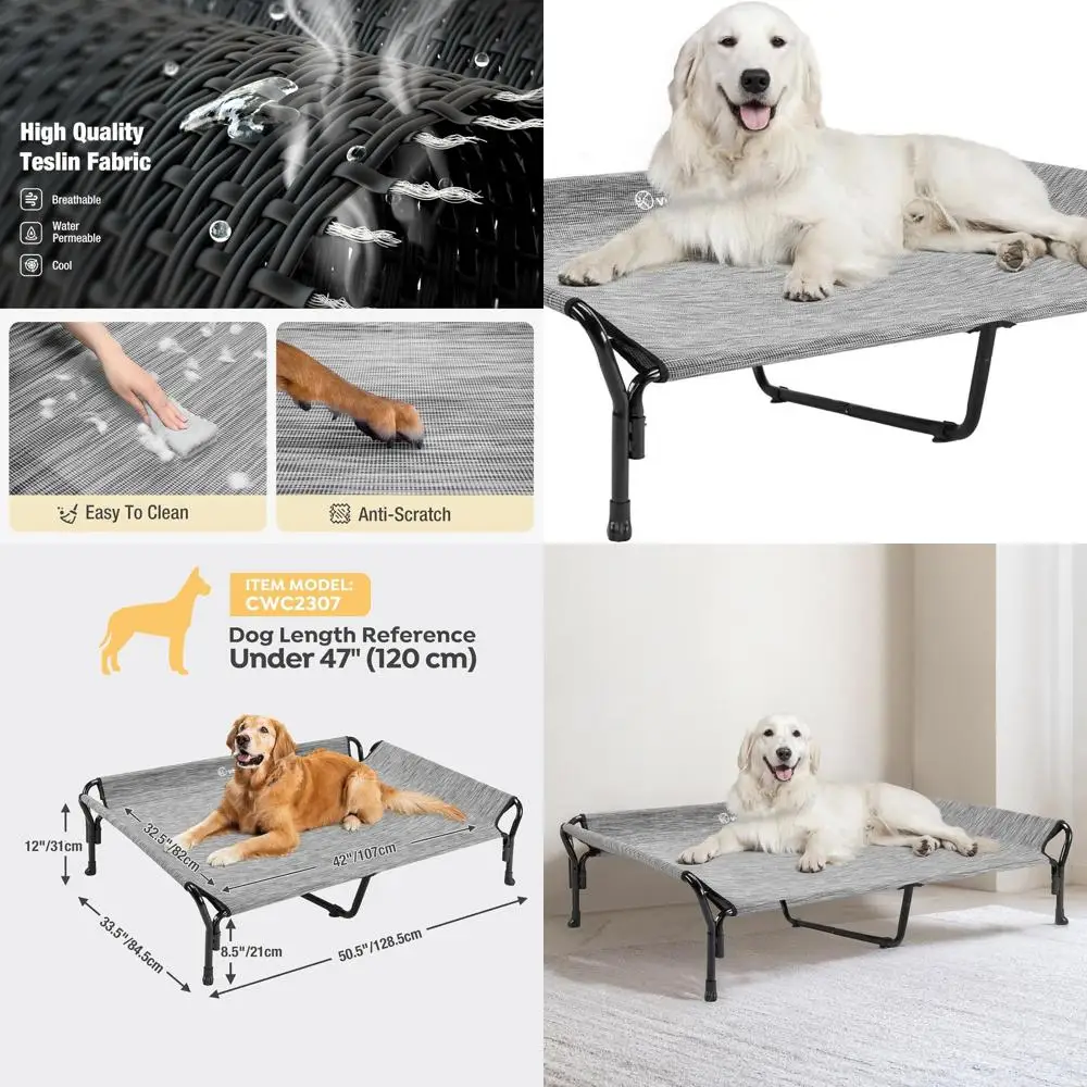 

XL Elevated Dog Cot with Guardrail, Slope Headrest, Breathable Mesh, Non-Slip & Washable for Indoor/Outdoor Use, Black Silver