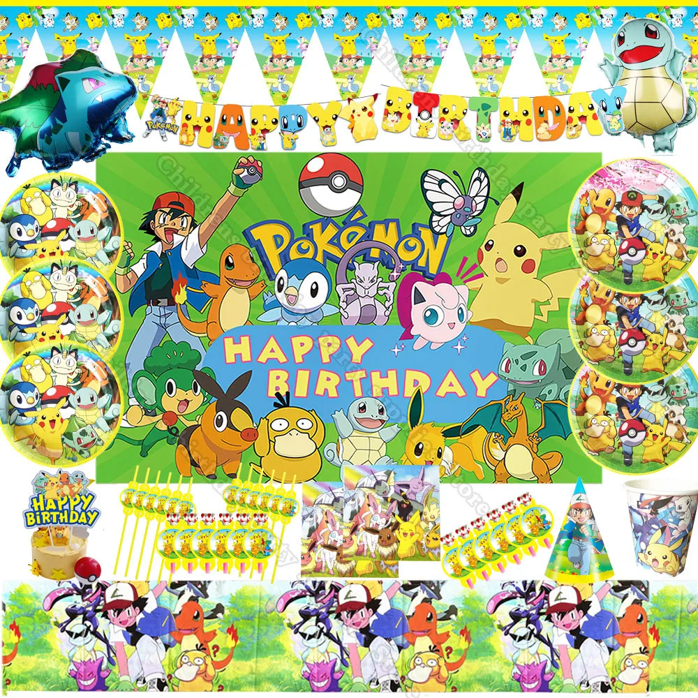 Game Pokemon Cartoon Pikachu Party Supplies Decoration Paper Tableware 32inch Number Foil Ballon Boy Birthday Scene Layout Toys