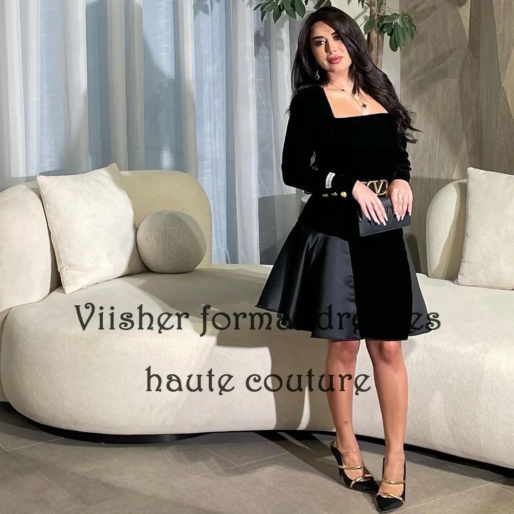 Vestido corto de fiesta de noche para mujer, prenda de manga larga con cuello cuadrado, longitud hasta la rodilla, color negro, árabe, Dubai, ocasión Formal