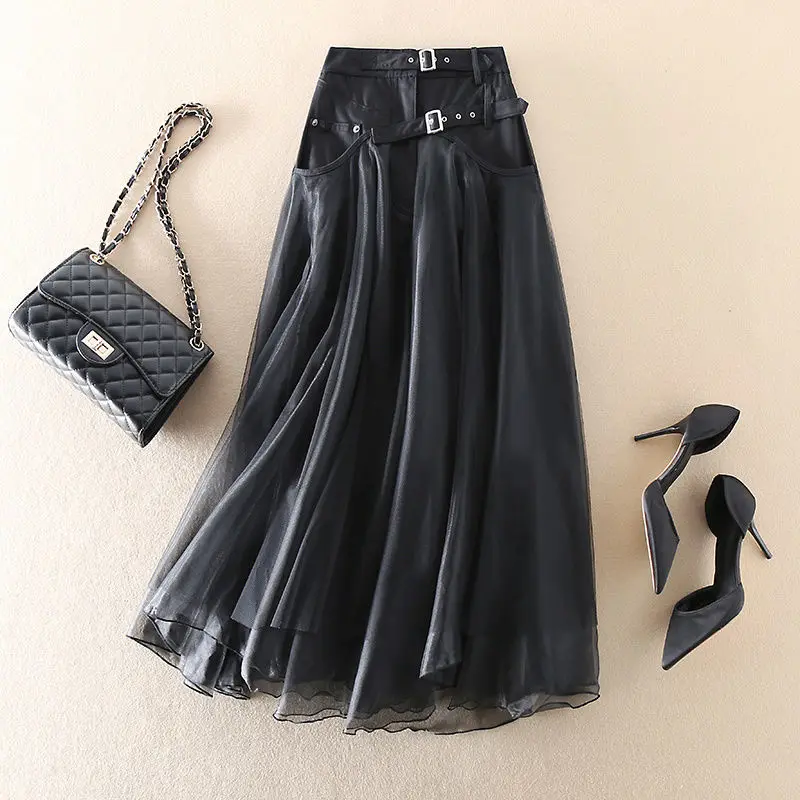 Korean Patchwork black Luxury a line skirt elegant vintage large mesh women's boho tulle Midi's party Lunar puffy flying Skirt