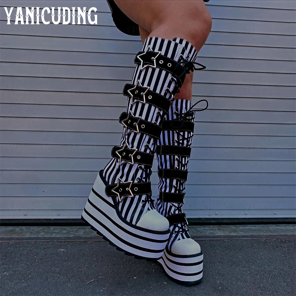 

Black and White Striped Canvas Boots Silver Star Buckles Platform Wedge Boots Multiple Buckle Lace-Up Knee-High Boots for Women