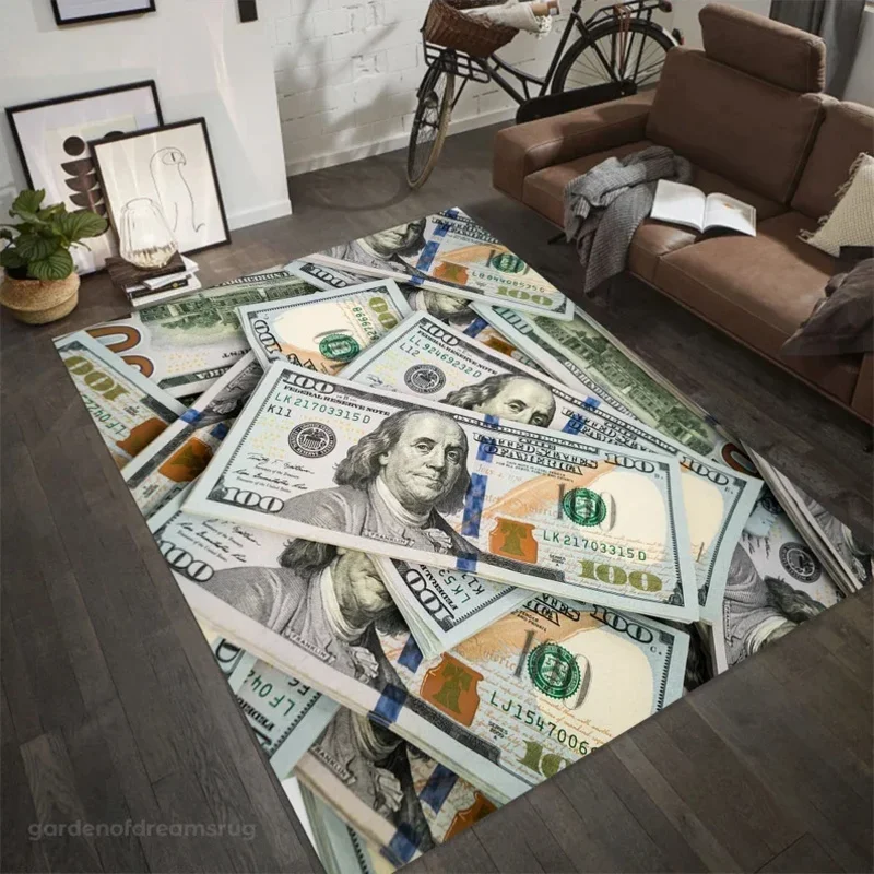 VIKAMA Vintage Dollar Bill Printed Rug, Non-Slip Classic US Currency Theme Rug, Perfect for Living Room and Bedroom Home Decor