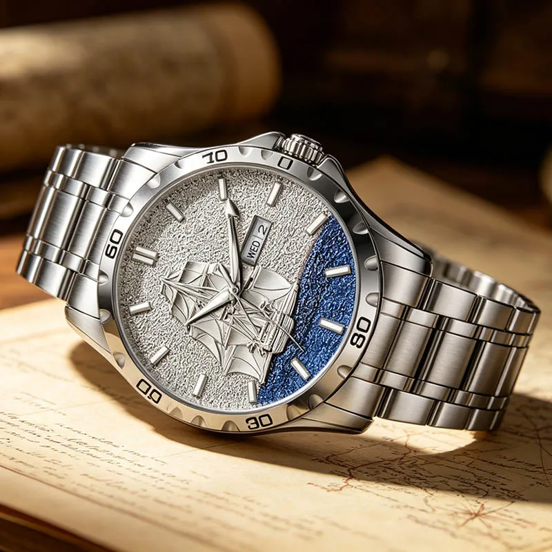 GLENAW Watch Three-Dimensional Nautical Design Luxury Sailing Mechanical Watches Luminous Waterproof Stainless Steel Strap Watch