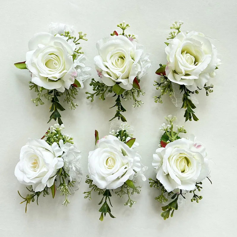 Boutonniere Pols Corsage Bruidsmeisje Bruiloft Bruid Accessoires Witte Rozen Kunstbloemen Knoopsgat Mannen Pins Mariage Broche