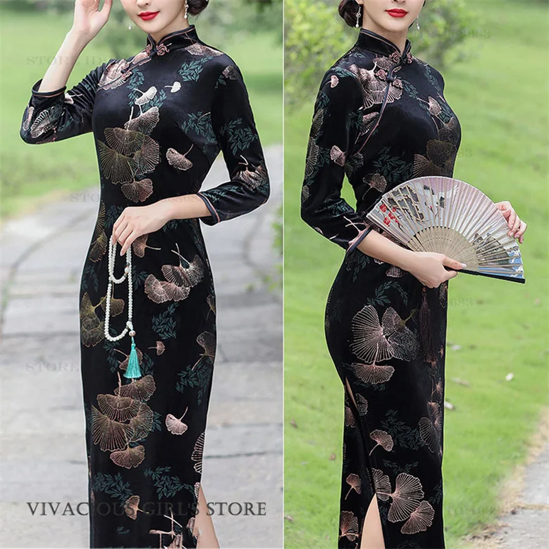 

Velvet Long Cheongsam Elegant Traditional Chinese Clothing Plus Size Women Costume Chinese Dress Sexy Jacquard Velour Vestidos