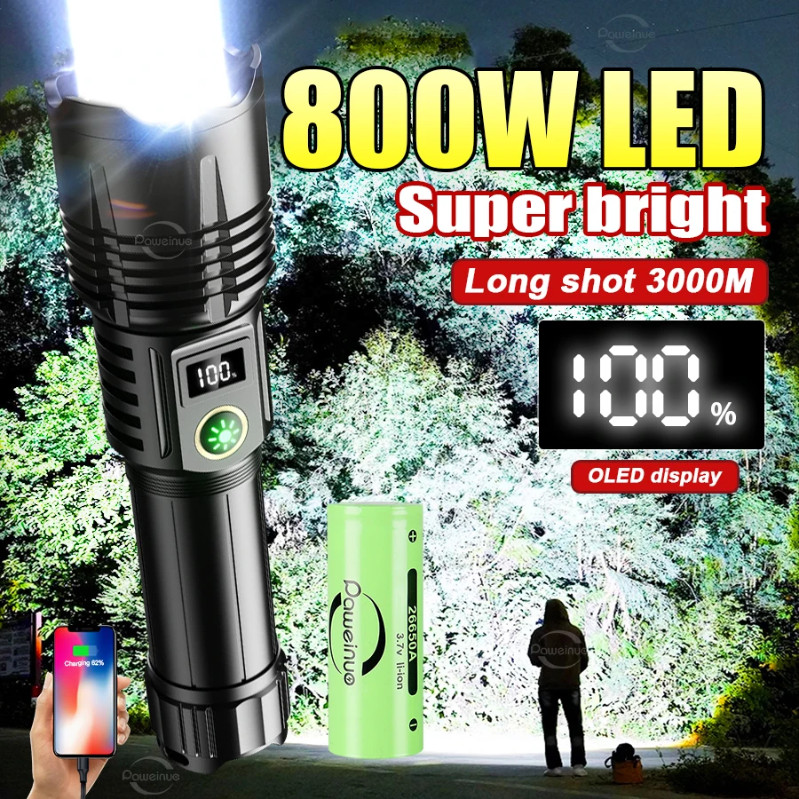 

800W Ultra Powerful LED Flashlights 3000M Long Range Torch Tactical Camping Hand Lamp Zoomable Type-c Rechargeable Flashlights