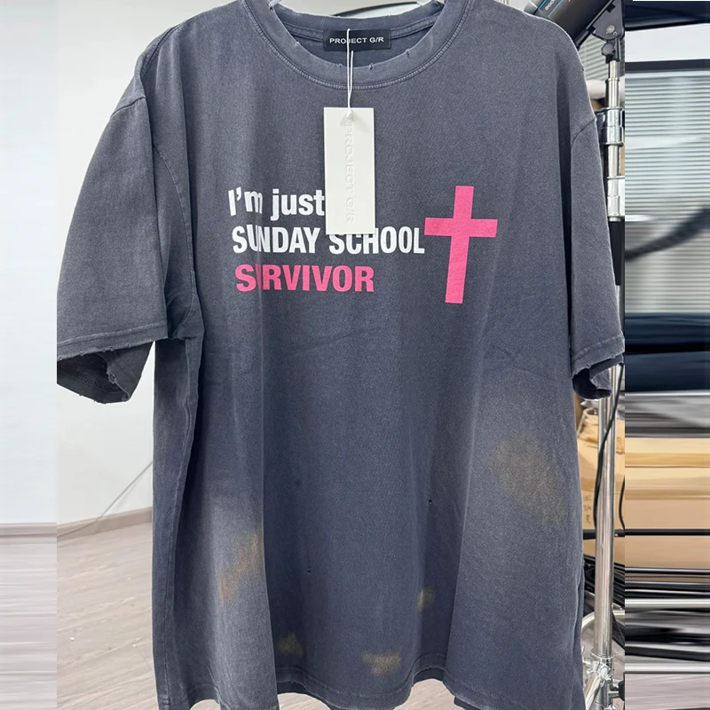 25SS High Street Vintage Washed Black PROJECT T-Shirt Men Women Best Quality Oversized Tee Tops Damaged T Shirt With Tags