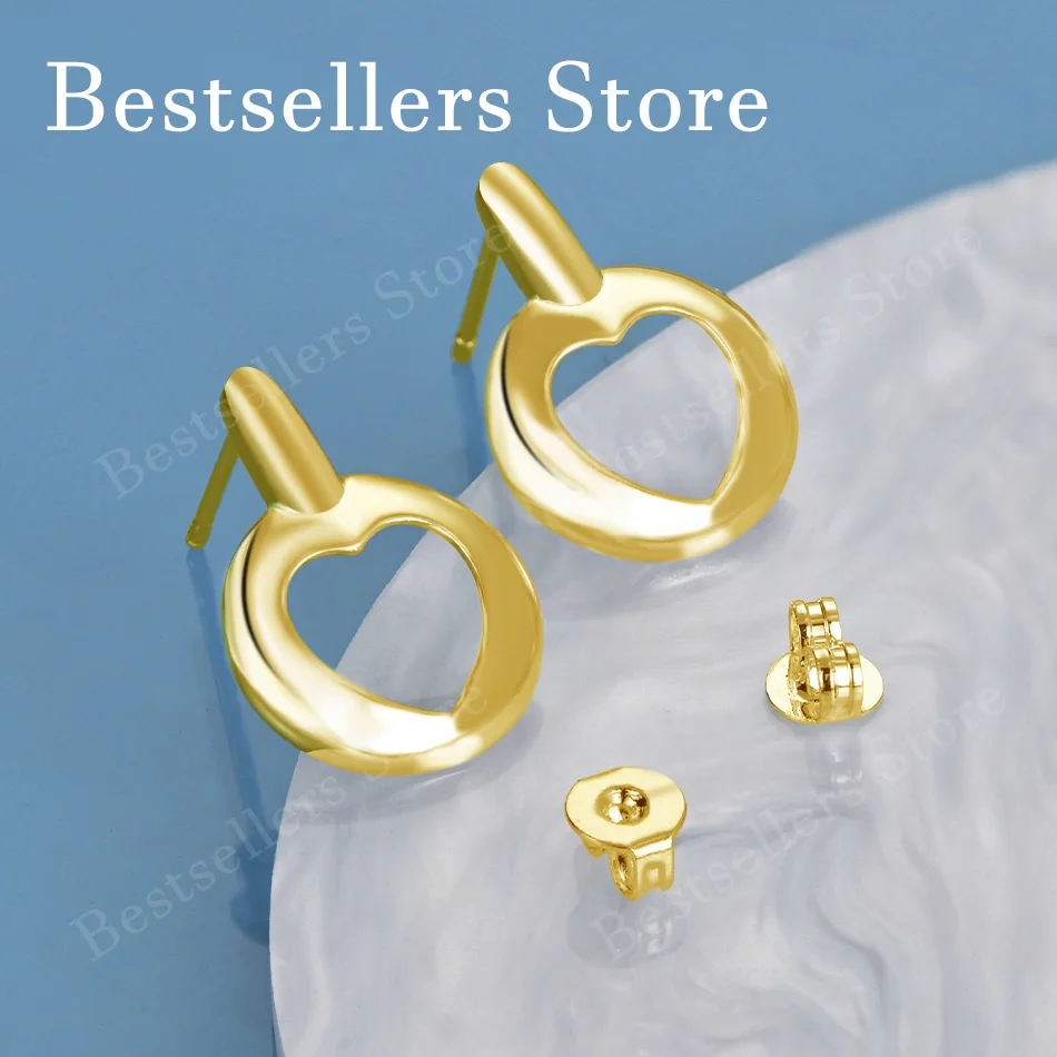 18K Gold-Plated Exquisite Openwork Heart and Circle Stud Earrings – Stylish Women's Jewelry for Weddings and Parties