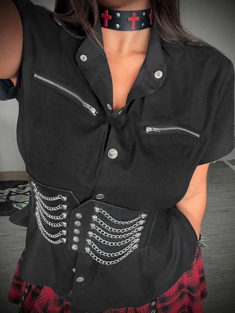 

Женская повседневная темная рубашка с короткими рукавами в стиле панк на металлической молнии больших размеров Y2K в стиле тысячелетия для уличного офиса и поездок на работу