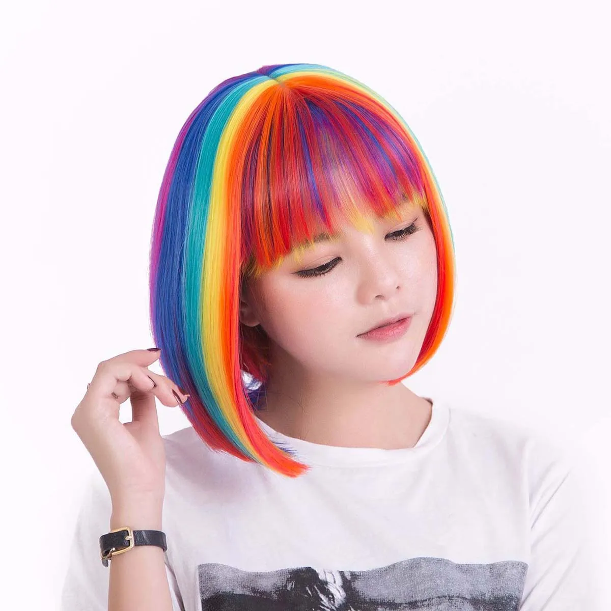 Navidad Halloween fiesta de vacaciones Rainbow Bobo cosplay peluca de pelo sintético corto y recto