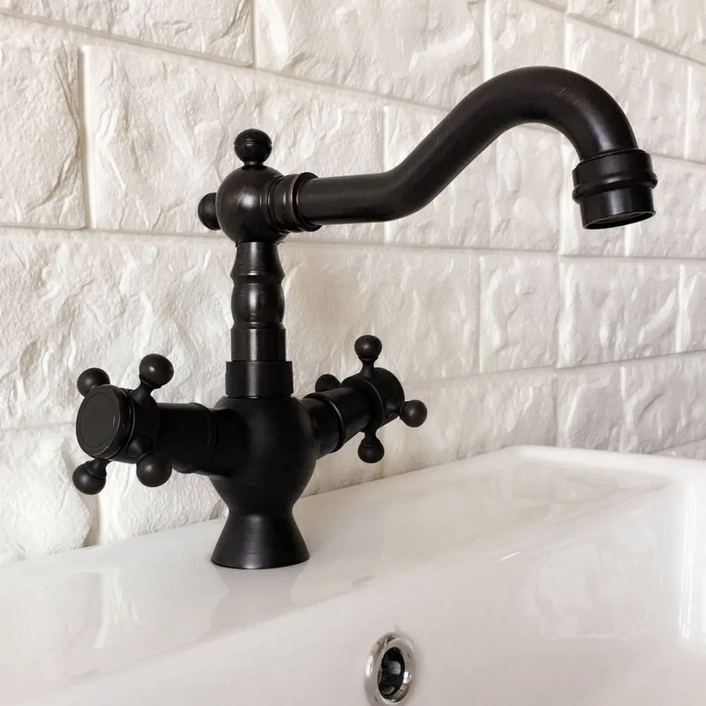 

Black Oil Rubbed Bronze Dual Handle Bathroom Basin Faucet Vessel Sink Mixer Taps Swivel Spout Cold & Hot Water Faucets tnf360