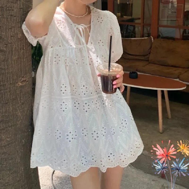 

Французский белый дизайн, полый кружевной топ, женская летняя универсальная свободная рубашка с короткими рукавами, рубашка с объемными рукавами, женские топы