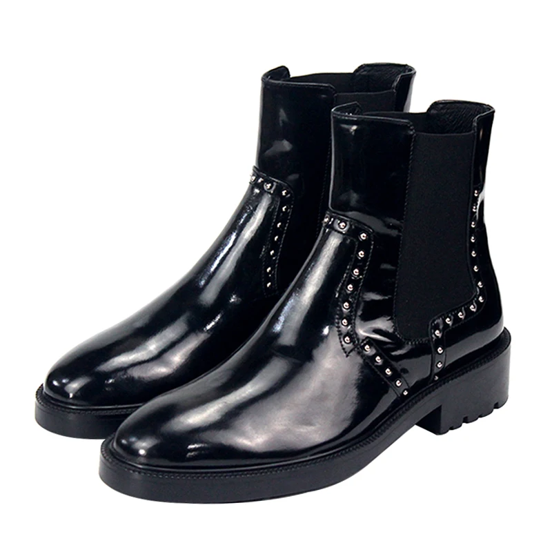 New Black Genuine Leather Thick Sole Chelsea Boots Rivets Cowhide Casual Leather Boots Heightened Mid-calf Men Boots