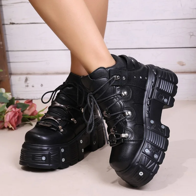 New Women Shoes Punk Style Lace-up Heel Height 6CM Platform Shoes Woman Gothic Ankle Rock Boots Metal Decor Woman Sneakers