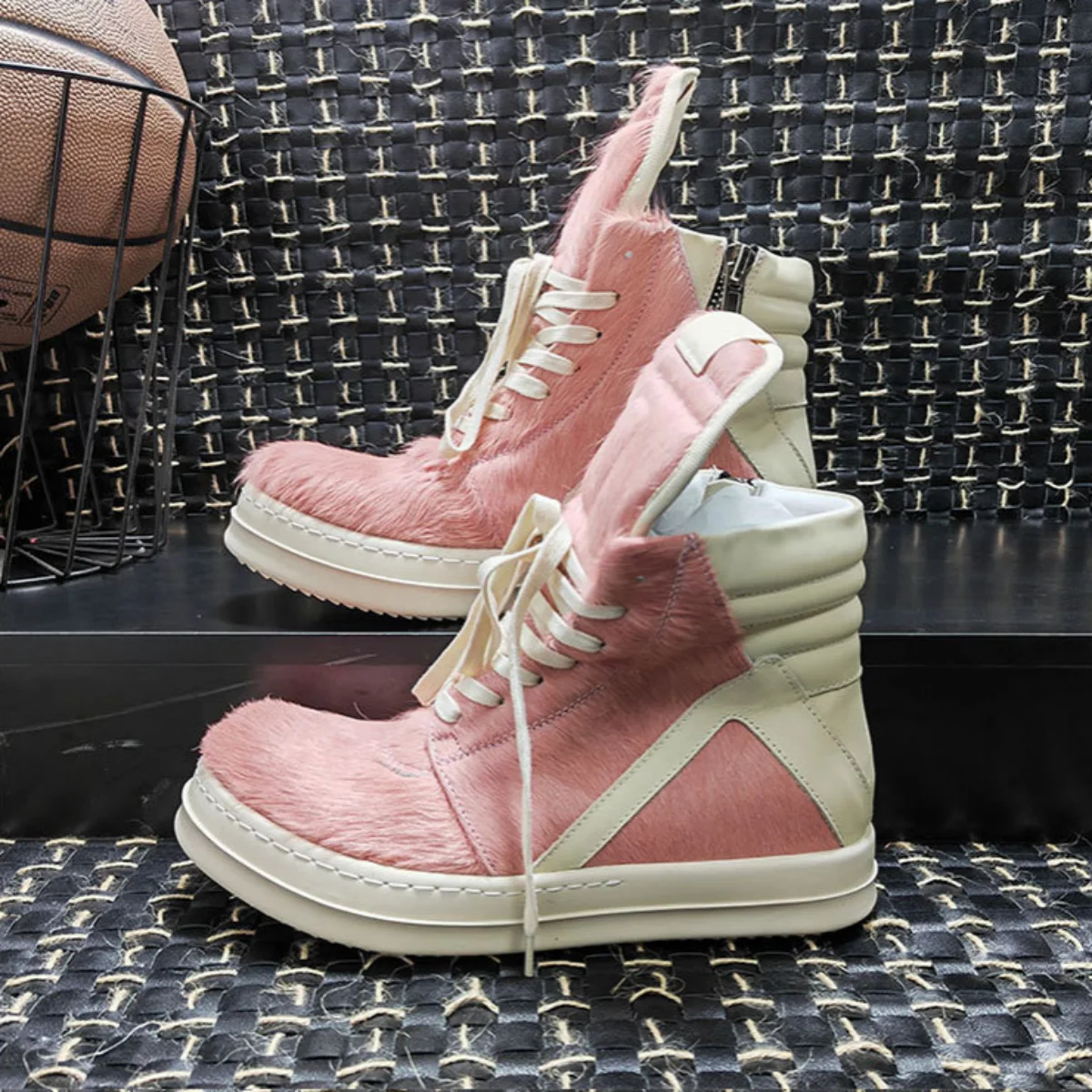 R-o Classic Boots Men Shoe Pink Horse Hair Women High Top Shoes Sneaker White Leather Pink Horsehair Ankle Boot Outside Sneakers