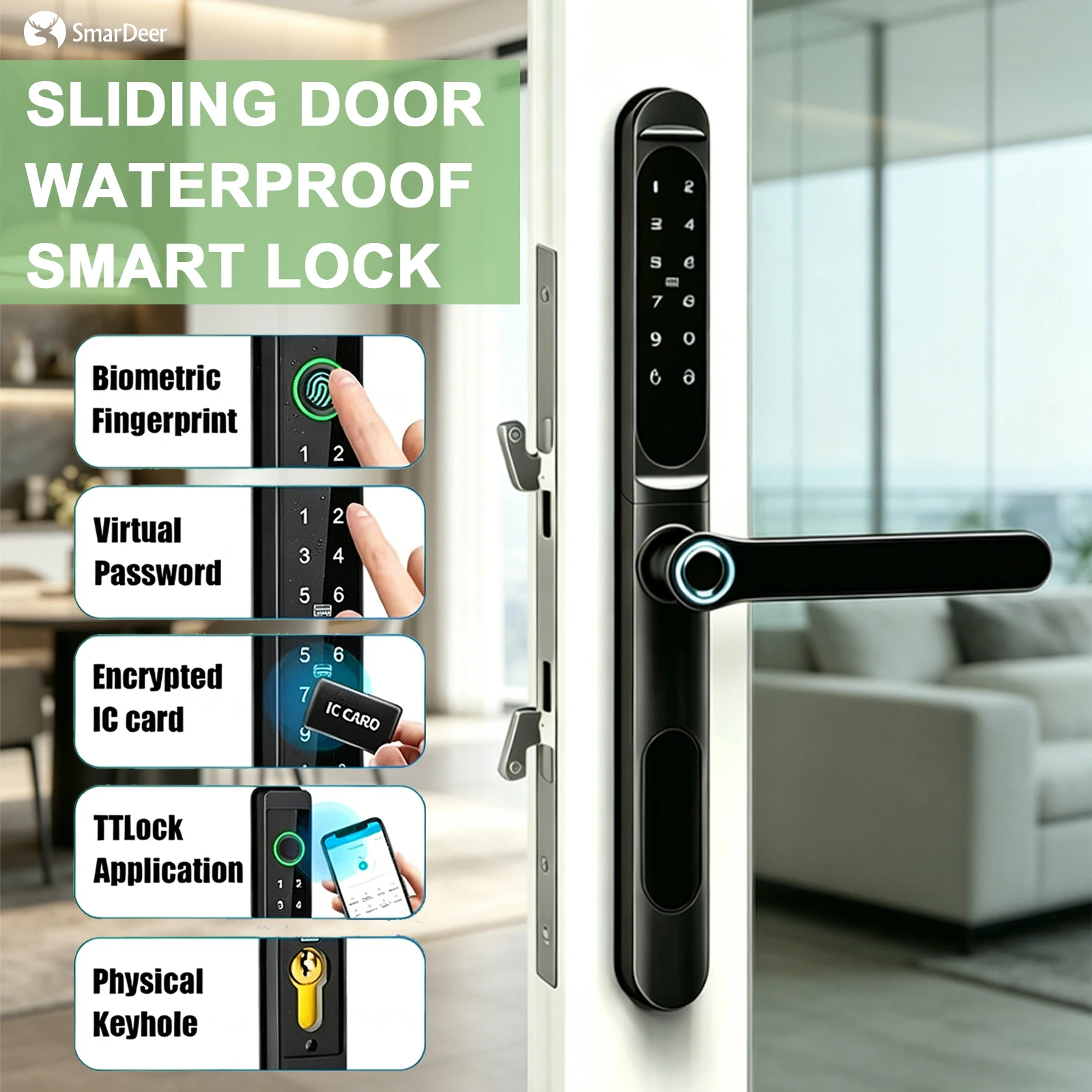 SmarDeer WiFi Fingerprint Door Lock,IP65 Waterproof Smart Lock for Narrow Frame Sliding Door,Tuya Keyless Entry  Electronic Lock