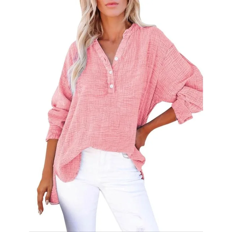 Plus Size 1XL-5XL Womens Casual Button Up Shirts Summer Loose Pleats V Neck Long Sleeve Shirts Solid Blouses Tops Female