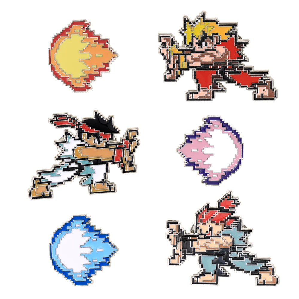 6Pcs/Set Classic GOUKI RYU KEN Enamel Pins Yellow Blue Pink Colors Hadoken Brooches For Game Lovers Gift