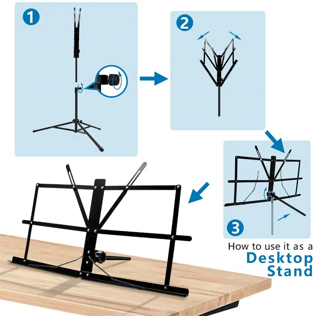 Music Stand 2 in 1 Dual Use Folding Sheet Music Stand Desktop Book Stand Portable and Lightweight