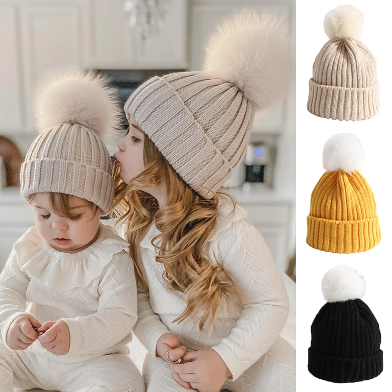 

2-6 Years Kids Winter Warm Hat Fluffy Fur Ball Woolen Crochet Solid Color Baby Toddler Beanie