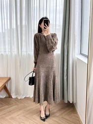 Flash dress long sleeved round neck gold wire knitted dress long skirt for women M's home 2024 autumn new style French