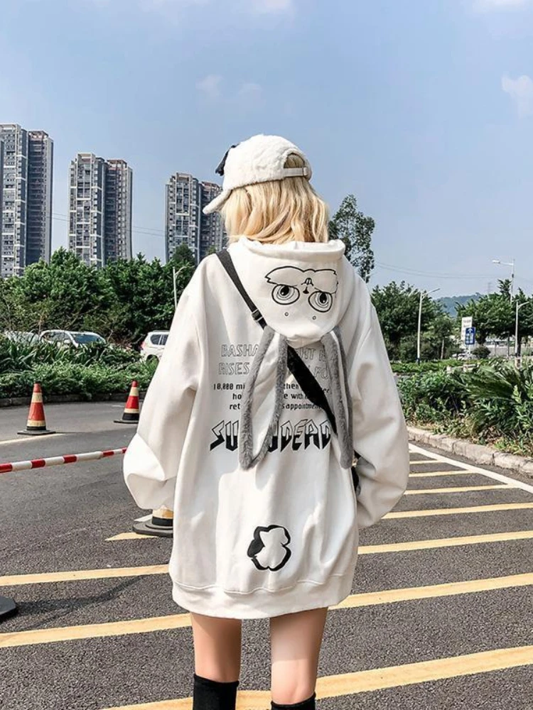 HOUZHOU Kawaii Rabbit Ears Hoodie Women Autumn Winter Harajuku Oversized Sweatshirt Cartoon Kpop Gothic Couple Outfit Streetwear