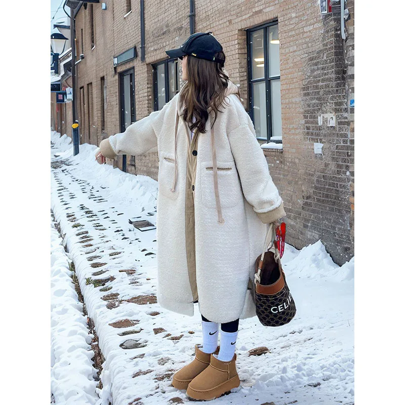 Women Wool Long Coats Jackets Blends Hooded Casual Loose Coat Thick Warm Y2k Streetwear Jacket Work Outerwear Autumn Winter