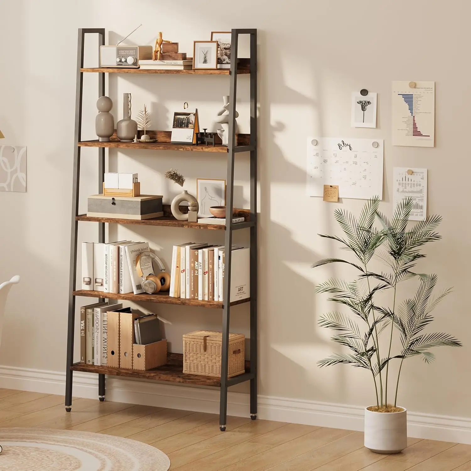 5-stufiges Leiterregal, schmales Bücherregal aus Holz, Liegendes Lagerregal, Bücherregal, Präsentationsregal für Schlafzimmer, Wohnzimmer und Büro