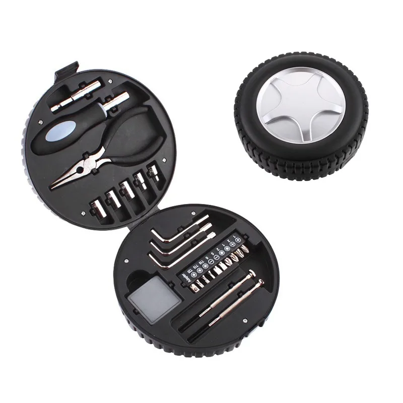 

Creative Tire Shape Hand Tool Sets Box Multi-functional Portable Carbon Steel 24-piece Household Tool Sets Durable Tools Boxes