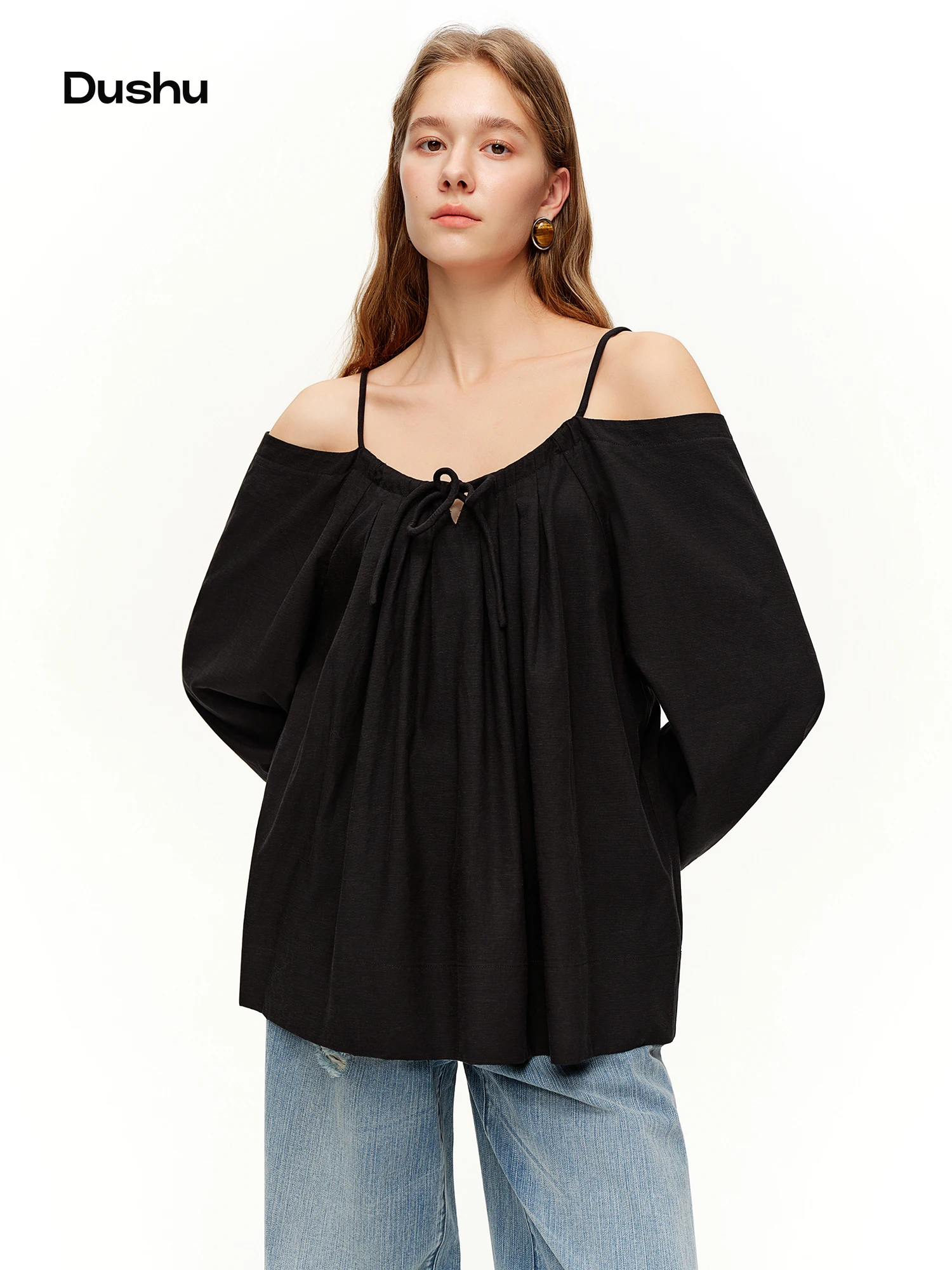

DUSHU 2026 Весенний женский топ с одним открытым плечом, элегантная офисная блузка с открытыми плечами для комфортных поездок на работу и стильный топ в стиле Y2K