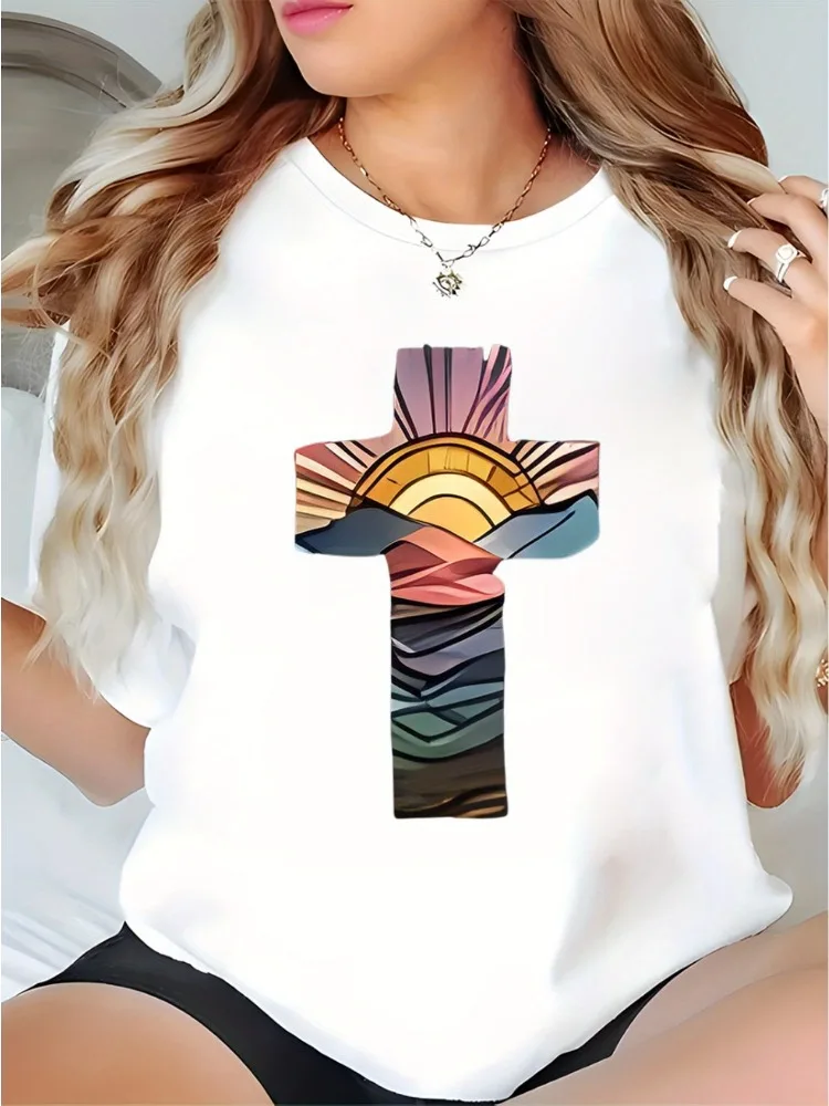 

Женская повседневная рубашка из чистого хлопка с короткими рукавами и крестообразным узором на закате, топ из чистого хлопка с интересным принтом