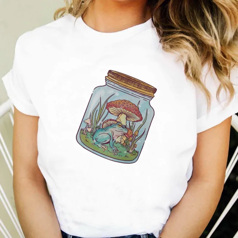 Pflanze Frosch Pilz Garnelen Rundkragen Druck Weißes T-Shirt Kurzarm Damenbekleidung Ästhetische Kleidung Grafik T-Shirts