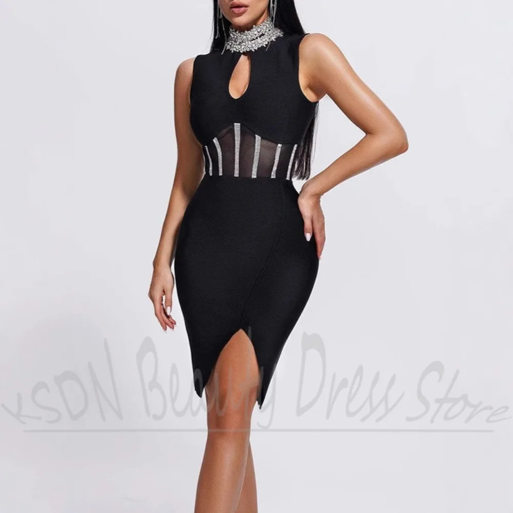 

Summer Black Women Dresses New Arrival High Collar Crystal Party Gowns Short Fashion Good Quality Sleeveless Mimi Dresses