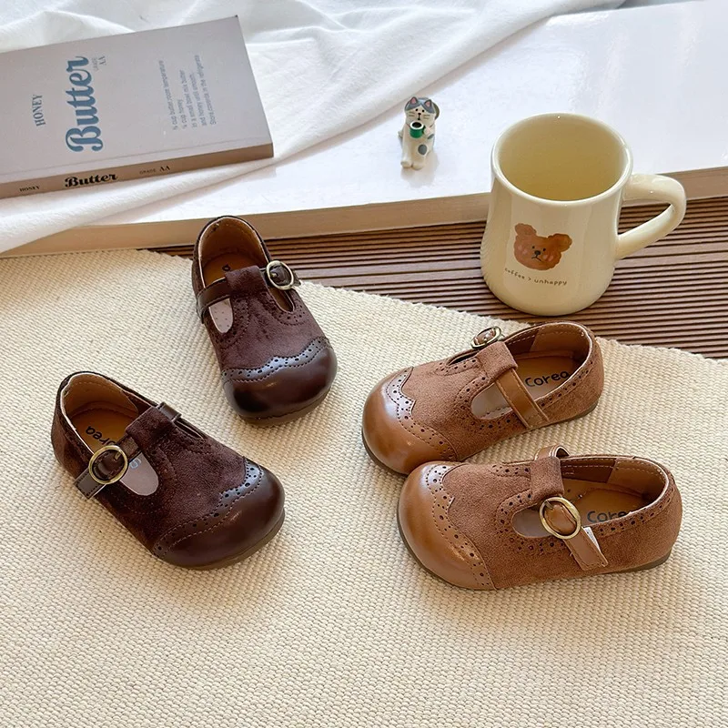 

Girls Wide Toe Box Leather Shoes 2025 New Autumn Toddler Ballet Flats Soft Sole Simple Retro First Walker Girls Party Dress Up