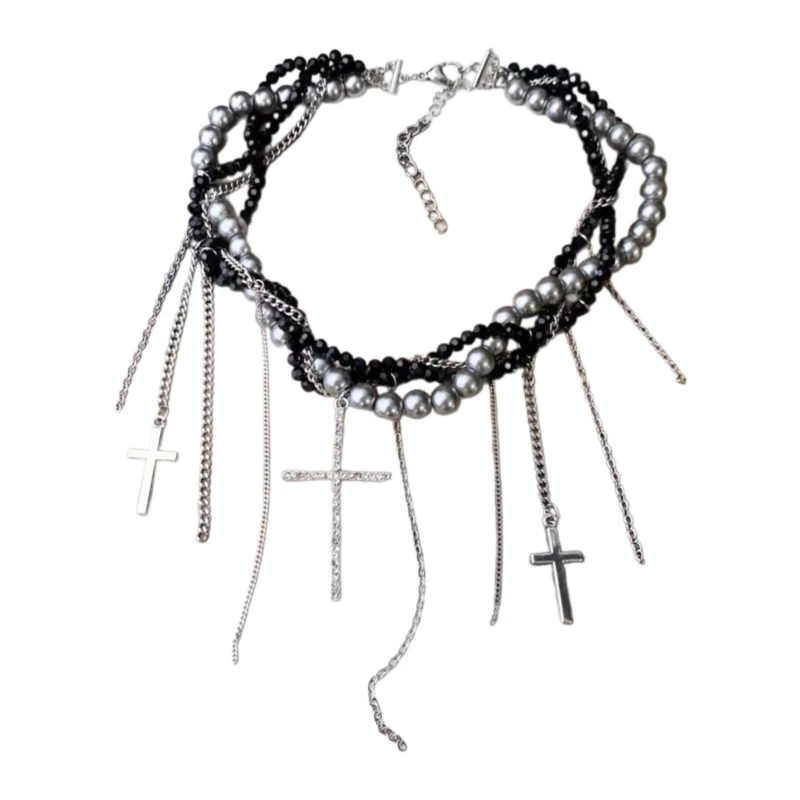 Unique Pearls Entwined Chain Choker with Fringes Crucifix Charm Necklace Jewelry