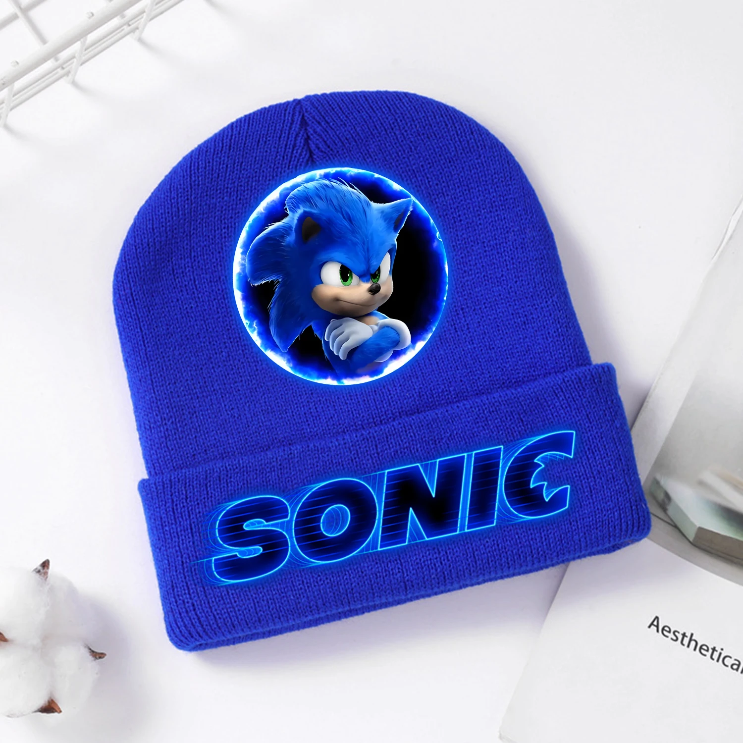 Sonic Strickmütze für Kinder, niedliche Cartoon-Anime-Strickmütze, Cartoon-blaue Kappen, Dekoration, modische Skullies-Mützen, Kindergeschenk