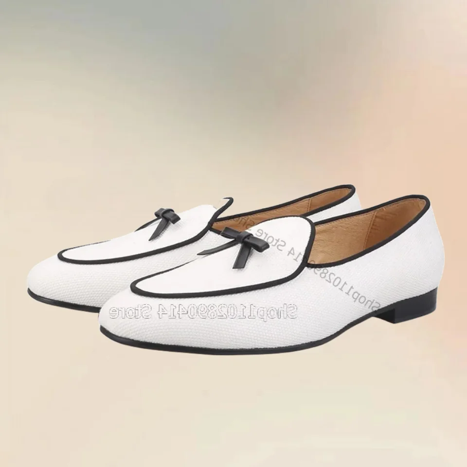 Leather Bow Knot Decor Two Colors Canvas Loafers Fashion Slip On Men Casual Shoes Novel Handcraft Party Wedding Men Dress Shoes