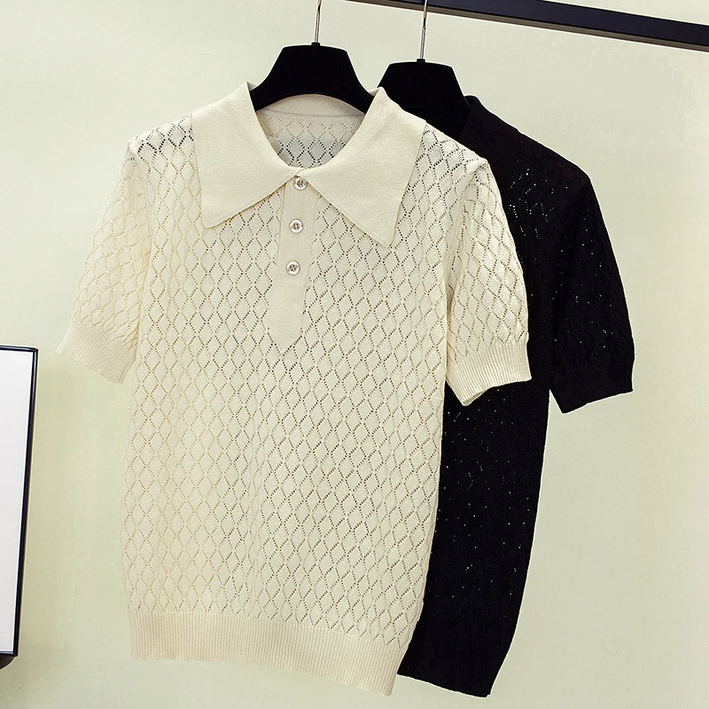 Summer Women Sweater Pullover 2023 Short Sleeve Fashion Polo Collar Solid Knitting T-shirt Loose Casual Sexy Hollow Out Sweaters