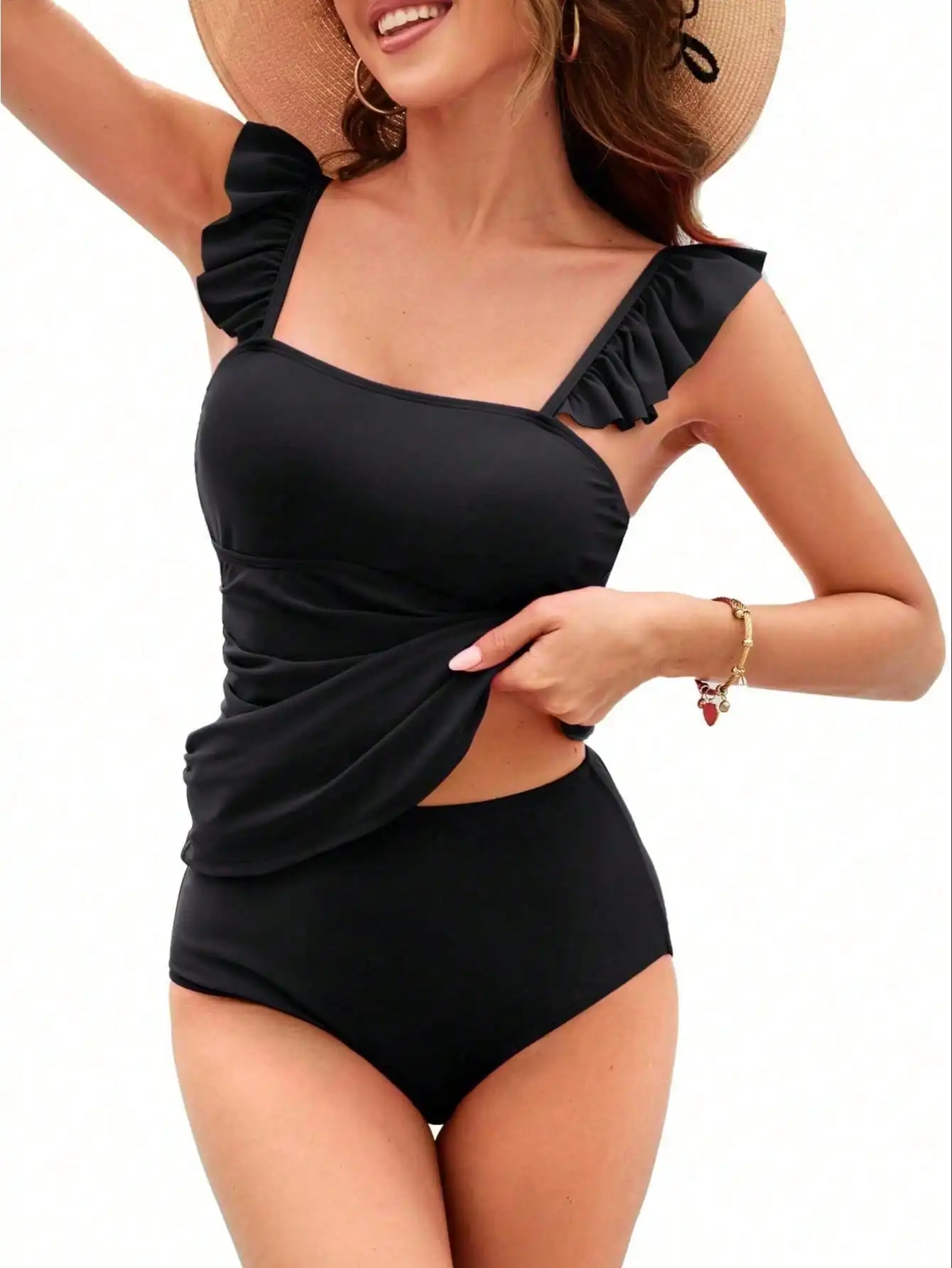 2026 New Black Ruffle Strap Tankini Set, Square Neck Side Ruched Loose Tank Top High Waist Brief Modest Two Piece Swimwear view 4