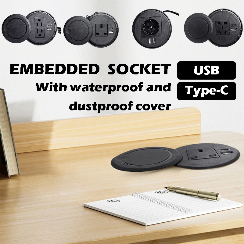 Desktop socket Multifunctional EU US UK UN Socket with 2USB/USB Type-C Recessed Desktop Plug Round Socket