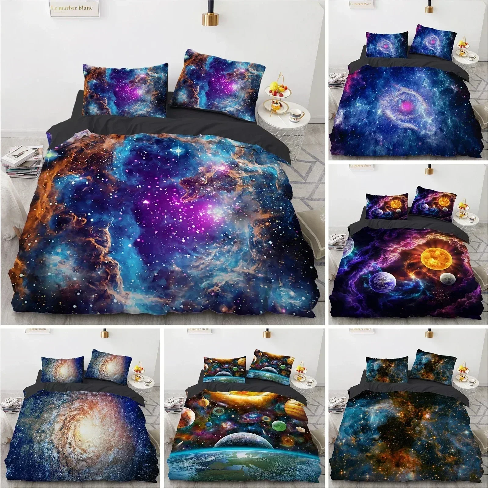 Top 3D Galaxy King Queen Duvet Cover Starry Sky Bedding Set Universe Quilt Cover Outer Space Soft Comforter Cover Dark Blue