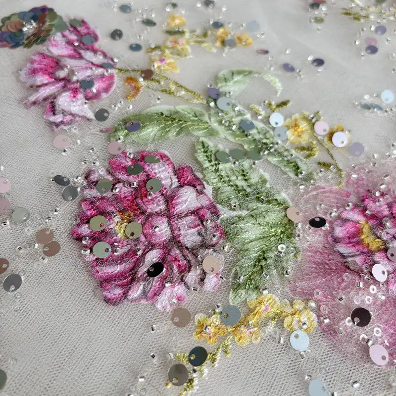 Pailletten Perlen Stickerei Bräutigam Nigerian Braut Hochwertiger französischer Tüll Spitzenstoff für Hochzeit. Afrikanischer Spitzenstoff Nähen – Detail 7