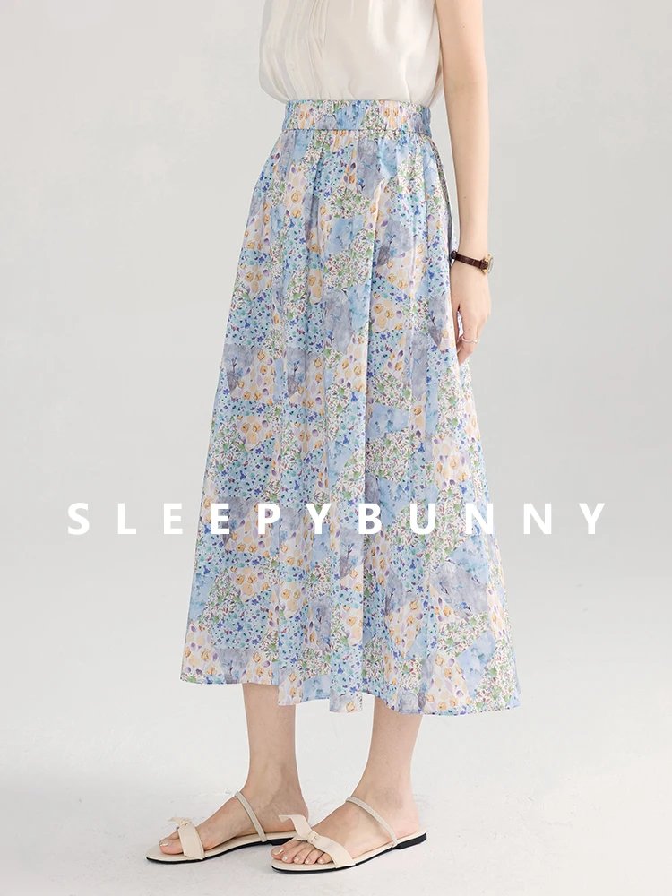 Elegant Floral A-Line Midi Skirt for Women High Waist Elastic Waist Summer Skirt French Style Lightweight Flowy Vacation Skirt