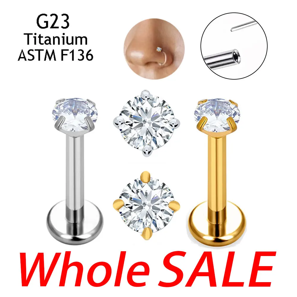 50PCS Wholesale Push Pin Nose Studs G23 Titanium Earrings Sexy Piercing Jewelry Nasal Stud Theadless Labret PIERC 16/18/20g