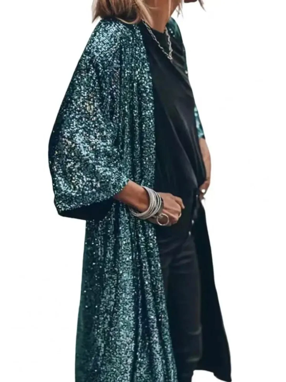 女性用 スパンコール ロング カーディガン ジャケット スパークリング オープン シャツ アウター ストリート スタイル スタンドカラー フルスリーブ ルーズ フィット コート