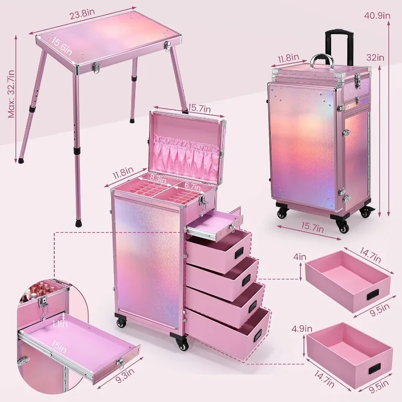 Rolling Manicure Table Makeup Case Foldable Nail Desk 5 Drawers Cosmetology Case on Wheels with Brush Pouch