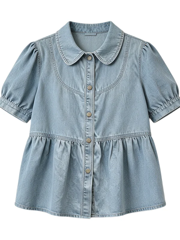 Slimming Design Short Sleeve  Neck Denim Shirt Light Blue Women's Base Layer Top Large Size Summer Fashion Korean Style