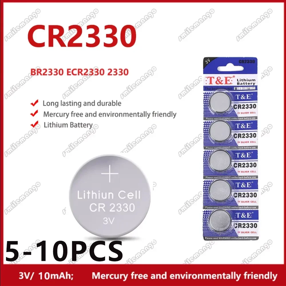 5-10PCS 3V CR2330 Button Cell Battery BR2330 ECR2330 2330 Car Remote Control LED Flash Card Installed Coin Batteries