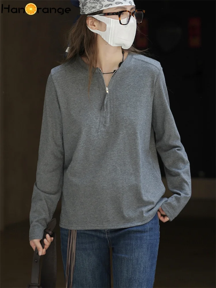 

HanOrange 2025, осенняя простая футболка с круглым вырезом и полупланкой на молнии с длинными рукавами, женские мягкие, приятные для кожи футболки белого/темно-серого цвета